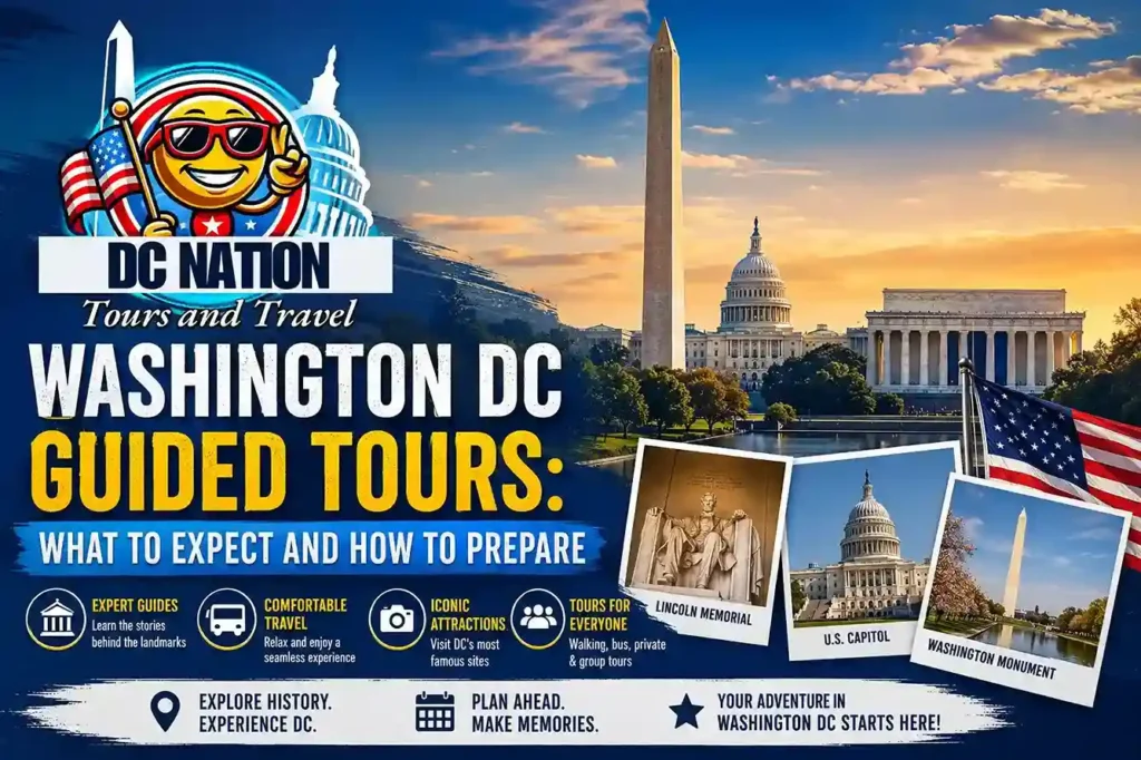 Colorful promotional image for Washington DC guided tours featuring the DC Nation Tours and Travel logo, Washington Monument, US Capitol, Lincoln Memorial, and sightseeing tour highlights.