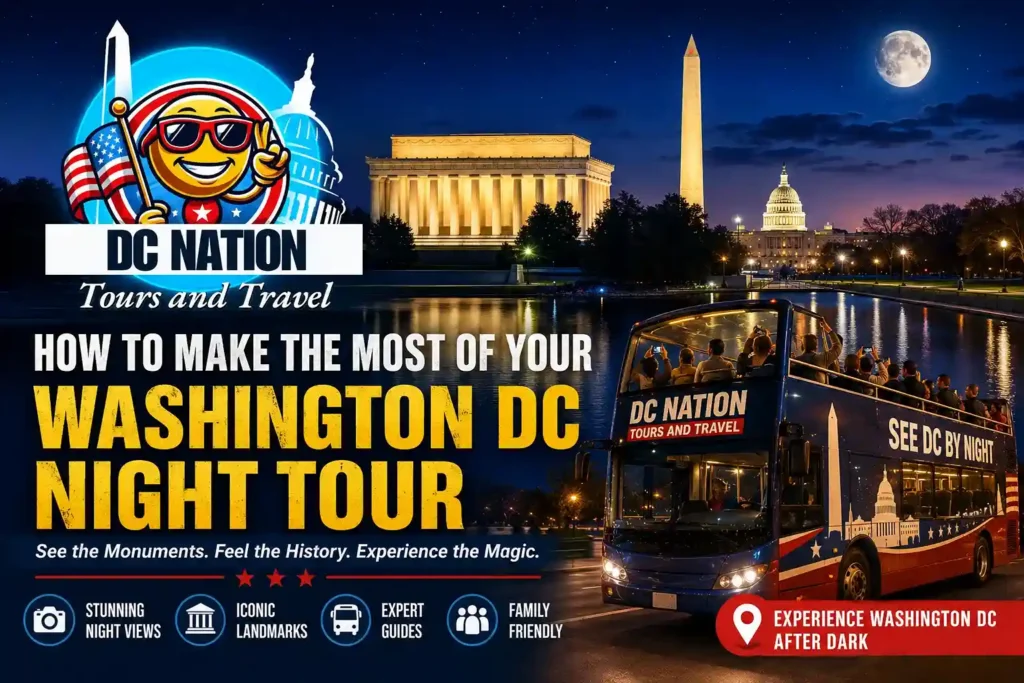 DC Nation Tours and Travel featured image with smiling patriotic mascot, Washington Monument, Capitol Building, and Statue of Liberty for Washington DC night tour article.
