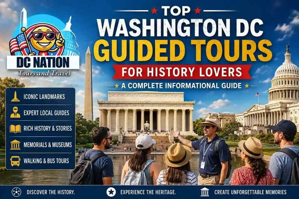 Top Washington DC guided tours for history lovers featuring the Lincoln Memorial, Capitol Building, Washington Monument, and DC Nation Tours and Travel logo