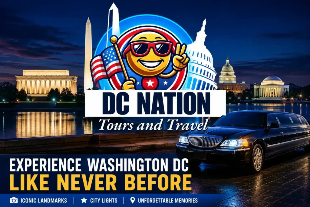 Washington DC night tour featuring illuminated landmarks including the Lincoln Memorial, Washington Monument, U.S. Capitol, and Jefferson Memorial with DC Nation Tours and Travel branding and luxury limousine service.