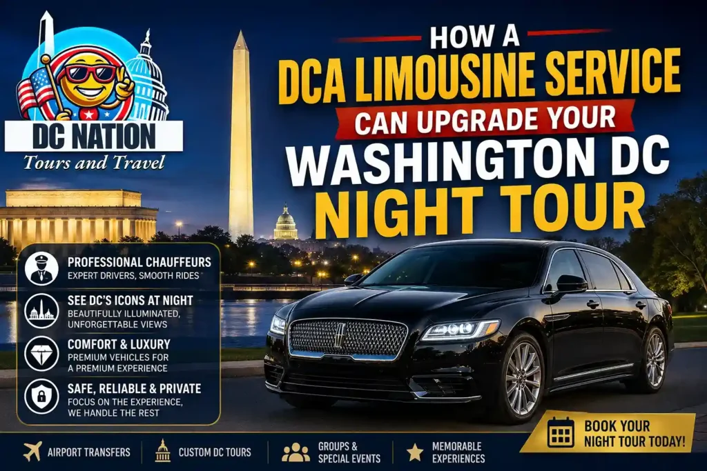 Luxury black limousine in front of illuminated Washington DC landmarks during a night tour, featuring DC Nation Tours and Travel branding.