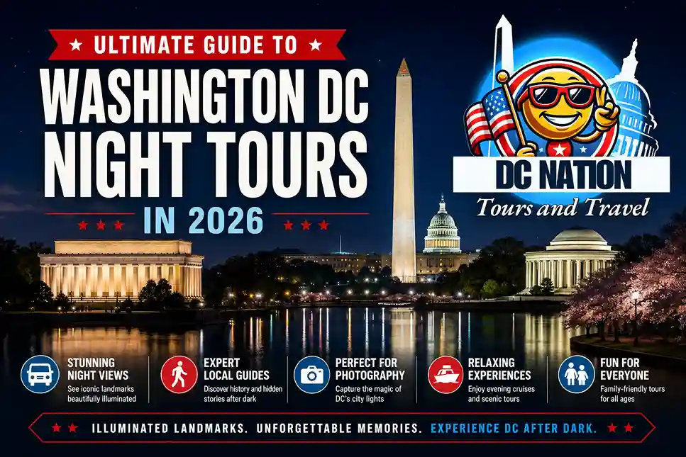 Washington DC night tours 2026 featured image showing illuminated Lincoln Memorial, Washington Monument, Capitol Building, and Jefferson Memorial with DC Nation Tours and Travel logo.