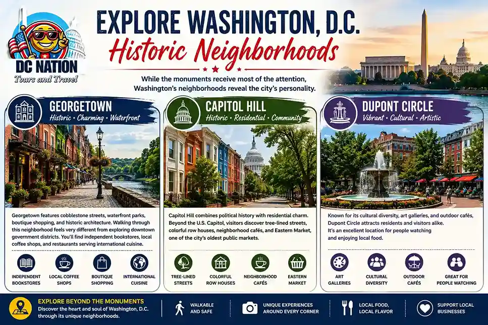 Washington, D.C. Historic Neighborhoods Infographic | Georgetown, Capitol Hill & Dupont Circle Landscape infographic highlighting Washington, D.C.'s historic neighborhoods including Georgetown, Capitol Hill, and Dupont Circle with key attractions and local experiences.