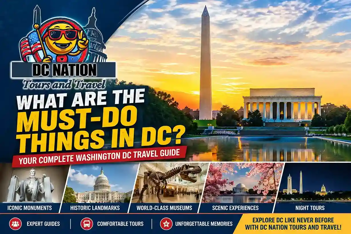 Featured image for What Are the Must-Do Things in DC? showcasing Washington Monument, Lincoln Memorial, iconic Washington DC attractions, and DC Nation Tours and Travel logo.