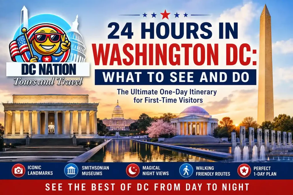 24 hours in Washington DC itinerary featuring the Capitol, Washington Monument, Lincoln Memorial, and Jefferson Memorial