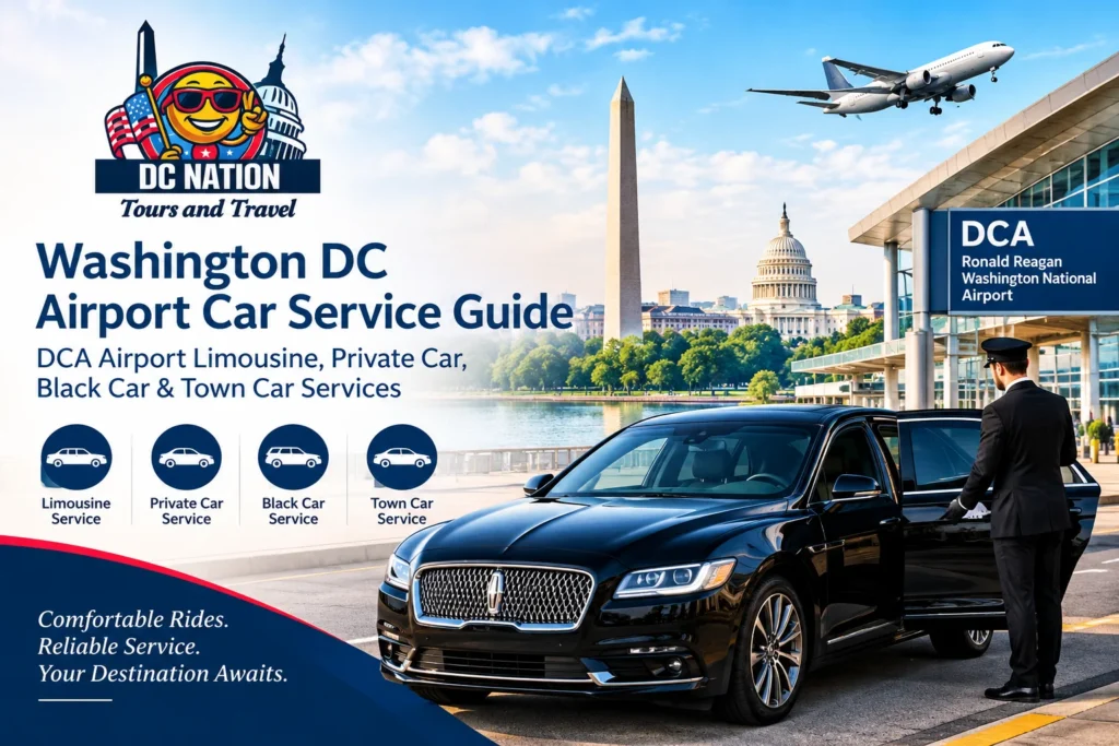 Washington DC airport car service guide featuring DCA limousine, private car, black car, and town car services